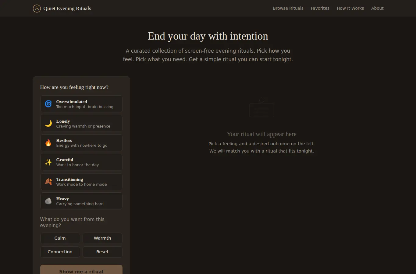 Screenshot of Quiet Evening Rituals interface showing the project page in use